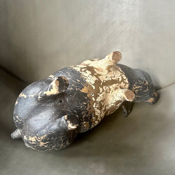 Large 12" Bisque Porcelain Pig Sculpture. Gold Leaf Gilding. Charcoal Grey Paint - Picture 9 of 9